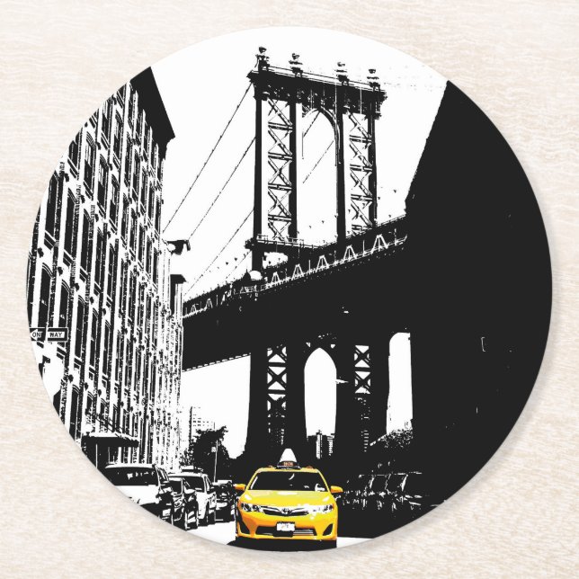 Brooklyn Bridge Yellow Taxi Nyc New York City Round Paper Coaster (Front)