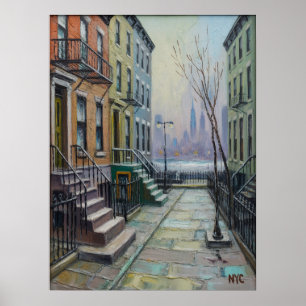 Brooklyn Brownstone Row With Manhattan Skyline Poster