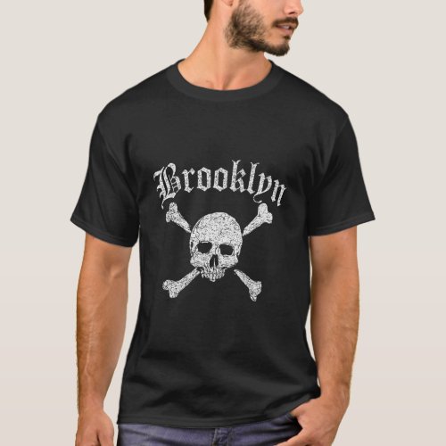 Brooklyn Skull And Crossbones Distressed Print T_Shirt
