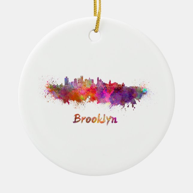 Brooklyn skyline in watercolor ceramic ornament (Front)