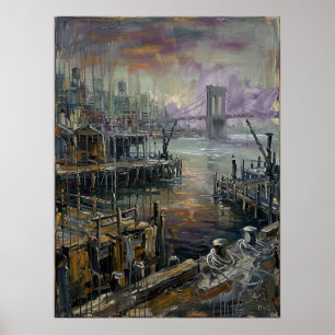 Brooklyn Waterfront Sunset With Bridge View Poster