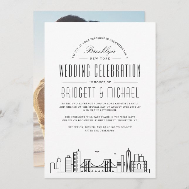 Brooklyn Wedding | Modern Deco Skyline  Invitation (Front/Back)