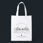 Brooklyn Wedding | Stylized Skyline Grocery Bag<br><div class="desc">A unique wedding bag for a wedding taking place in the beautiful city of Brooklyn,  New York.  This bag features a stylized illustration of the city's unique skyline with its name underneath.  This is followed by your wedding day information in a matching open-lined style.</div>