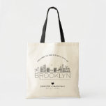 Brooklyn Wedding | Stylized Skyline Tote Bag<br><div class="desc">A unique wedding tote bag for a wedding taking place in the beautiful city of Brooklyn,  New York.  This tote features a stylized illustration of the city's unique skyline with its name underneath.  This is followed by your wedding day information in a matching open-lined style.</div>