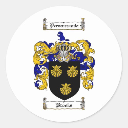 BROOKS FAMILY CREST _  BROOKS COAT OF ARMS CLASSIC ROUND STICKER