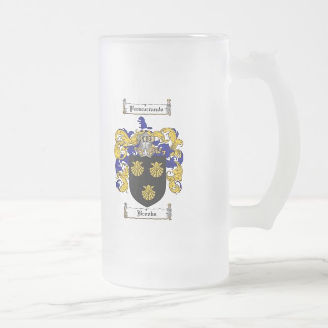 BROOKS FAMILY CREST -  BROOKS COAT OF ARMS FROSTED GLASS BEER MUG (Right)
