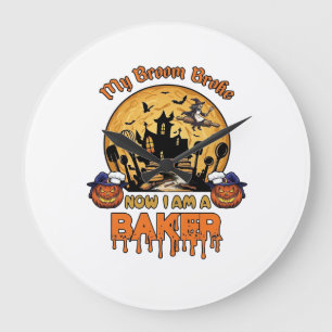 Broom Broke Baker Halloween Witch Chef Pumpkin_1 Large Clock