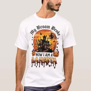 Broom Broke Barista Halloween Witch Coffee Pumpkin T-Shirt