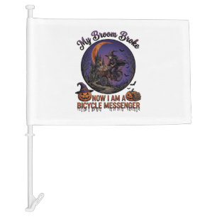 Broom Broke Bicycle Messenger Witch Halloween Moon Car Flag
