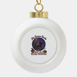 Broom Broke Bicycle Messenger Witch Halloween Moon Ceramic Ball Christmas Ornament