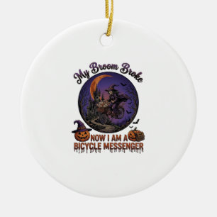 Broom Broke Bicycle Messenger Witch Halloween Moon Ceramic Ornament