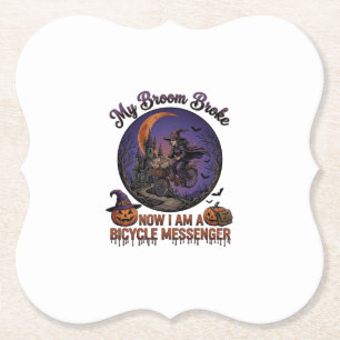 Broom Broke Bicycle Messenger Witch Halloween Moon Paper Coaster