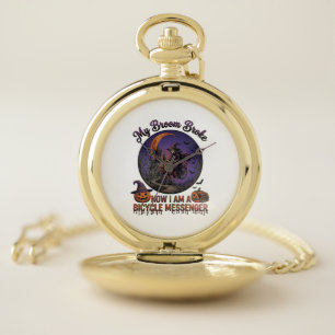 Broom Broke Bicycle Messenger Witch Halloween Moon Pocket Watch