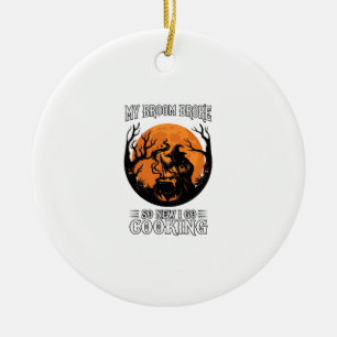 Broom Broke Cooking Witch Cauldron Full Moon Ceramic Ornament
