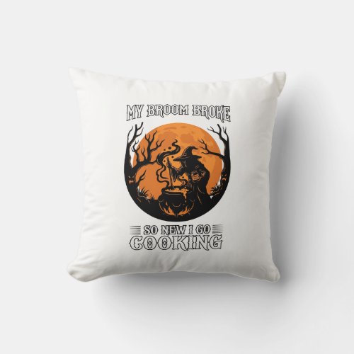 Broom Broke Cooking Witch Cauldron Full Moon Throw Pillow