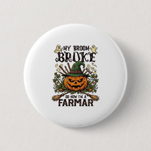 Broom Broke Farmar Halloween Pumpkin Witch Hat Gho Button
