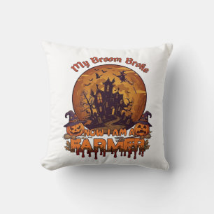Broom Broke Farmer Halloween Witch Haunted House P Throw Pillow