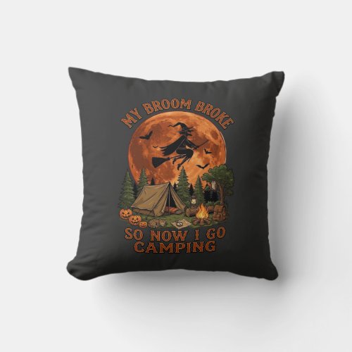 Broom Broke Halloween Witch Camping Tent Campfire  Throw Pillow