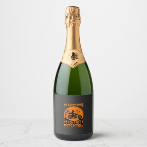 Broom Broke Halloween Witch Motorcycle Bats Pumpki Sparkling Wine Label