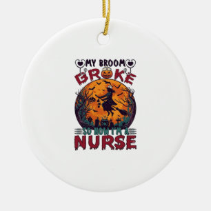 Broom Broke Nurse Halloween Witch Full Moon Bats_1 Ceramic Ornament