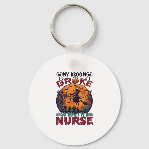 Broom Broke Nurse Halloween Witch Full Moon Bats_1 Keychain