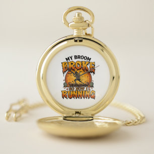 Broom Broke So Now Running Halloween Witch Moon_1 Pocket Watch