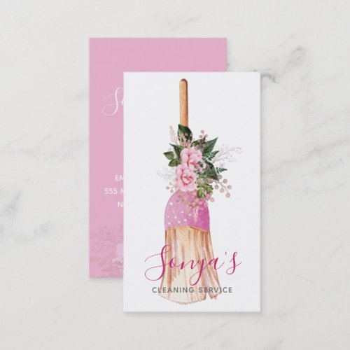 Broom Cleaning Service Floral Watercolor Business Card