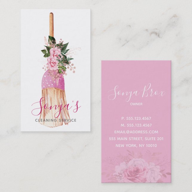Broom Cleaning Service Floral Watercolor Business Card (Front/Back)
