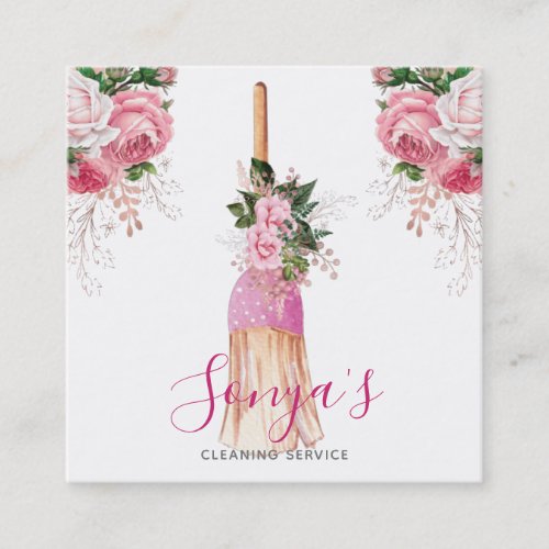Broom Cleaning Service Floral Watercolor Square Business Card