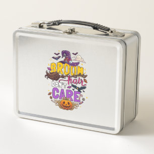 Broom Hair Dont Care Halloween Witch Hat Pumpkin C Metal Lunch Box