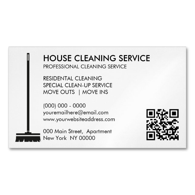 Broom Janitorial Cleaner Simple Qr Code Business Card Magnet (Front)