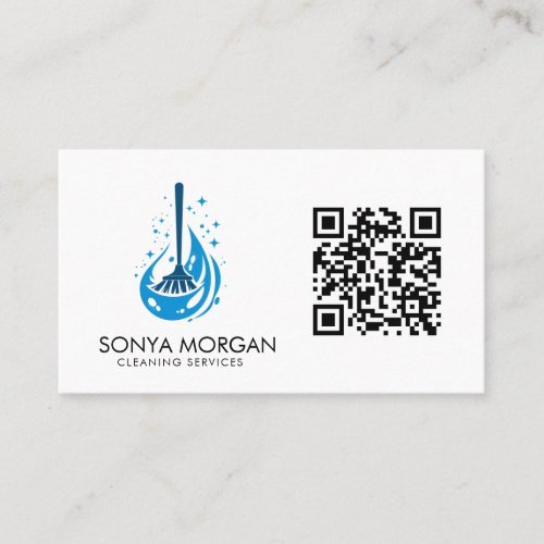 Broom Logo Modern Cleaning Services QR Code  Business Card