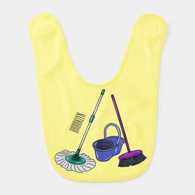 Broom & mop cartoon illustration baby bib (Front)