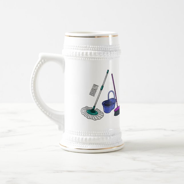 Broom & mop cartoon illustration beer stein (Left)