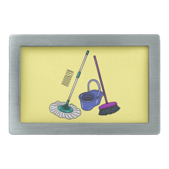 Broom & mop cartoon illustration belt buckle (Front)