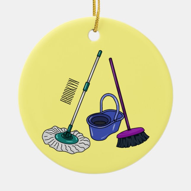 Broom & mop cartoon illustration ceramic ornament (Front)