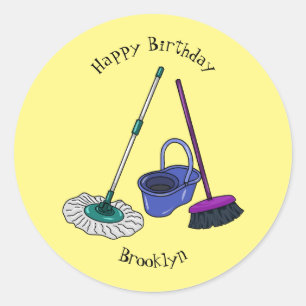 Broom & mop cartoon illustration classic round sticker