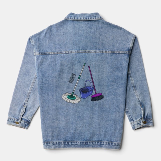 Broom & mop cartoon illustration denim jacket (Back)
