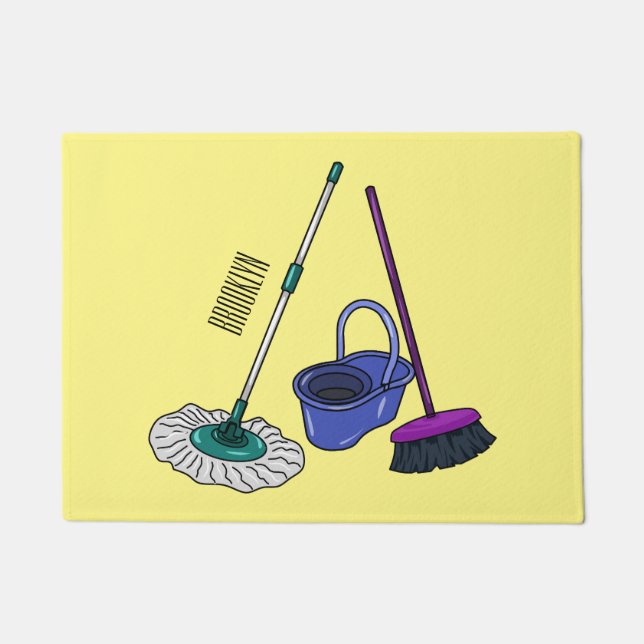 Broom & mop cartoon illustration doormat (Front)