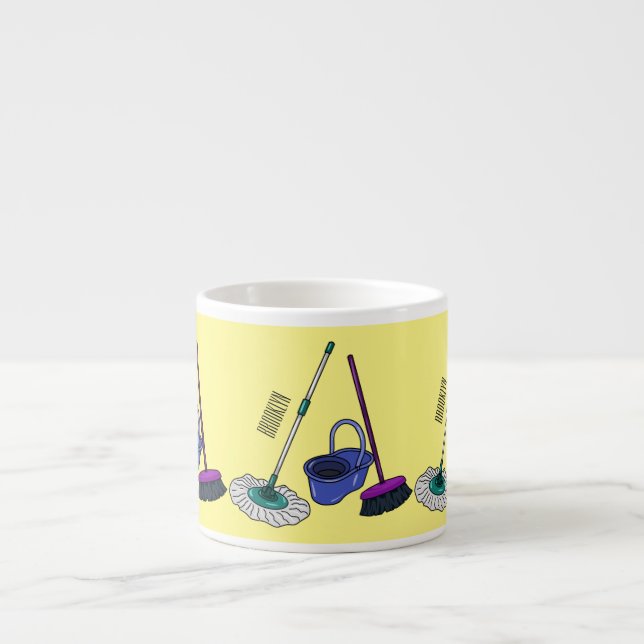 Broom & mop cartoon illustration espresso cup (Front)