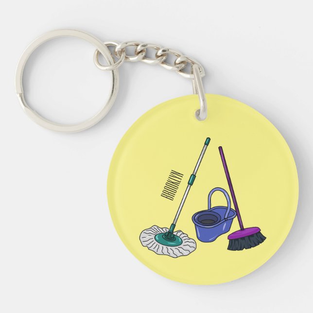 Broom & mop cartoon illustration keychain (Front)