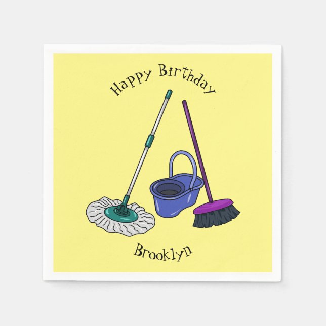 Broom & mop cartoon illustration napkins (Front)