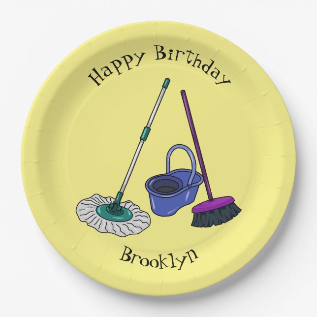 Broom & mop cartoon illustration paper plates (Front)