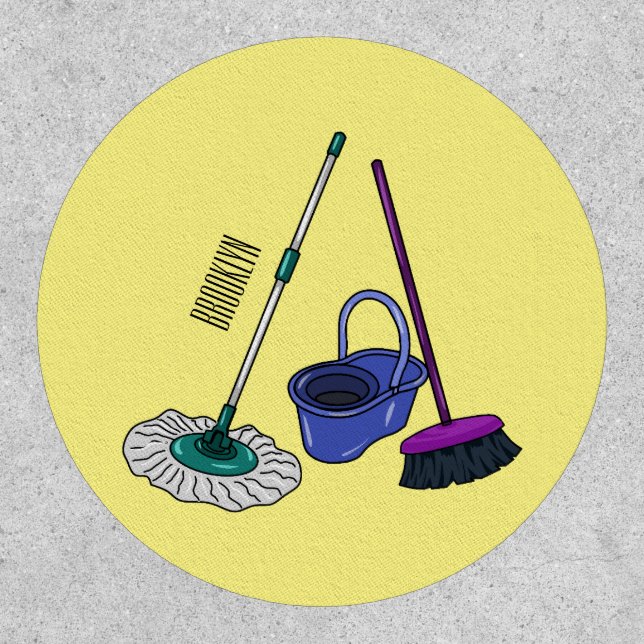 Broom & mop cartoon illustration patch (Front)