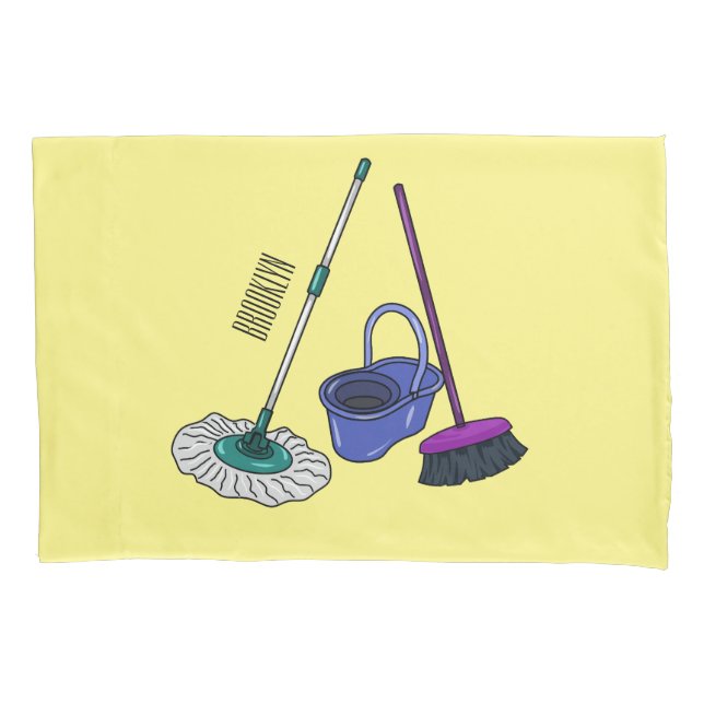 Broom & mop cartoon illustration pillow case (Front)