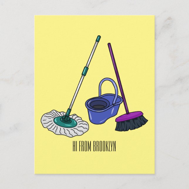 Broom & mop cartoon illustration postcard (Front)