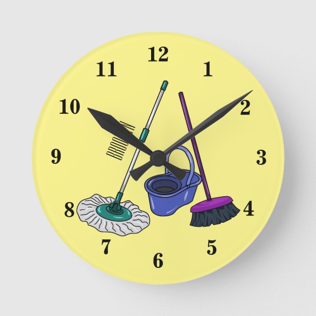 Broom & mop cartoon illustration round clock (Front)