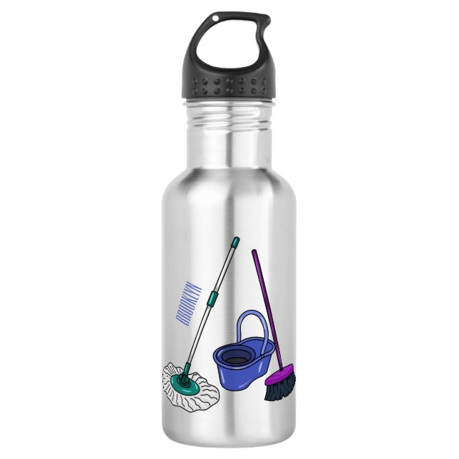 Broom & mop cartoon illustration stainless steel water bottle (Front)