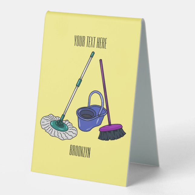 Broom & mop cartoon illustration table tent (Front)