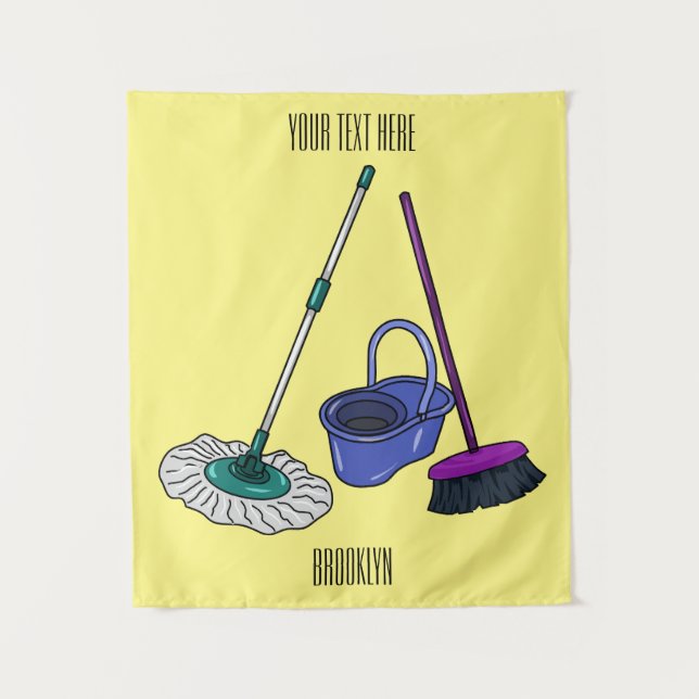 Broom & mop cartoon illustration tapestry (Front)